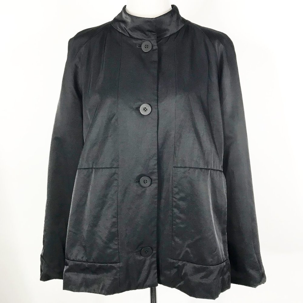 Eileen Fisher Button Up Jacket Womens XL Extra Large Black Mock Neck Pockets
